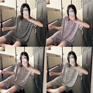 日系简约慵懒风条纹套装女夏季新款短袖短裤宽松圆领可外穿家居服