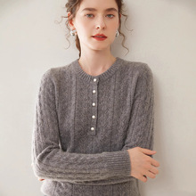 鄂尔多斯市加厚带扣镂空圆领100%纯山羊绒衫女宽松针织打底衫毛衣