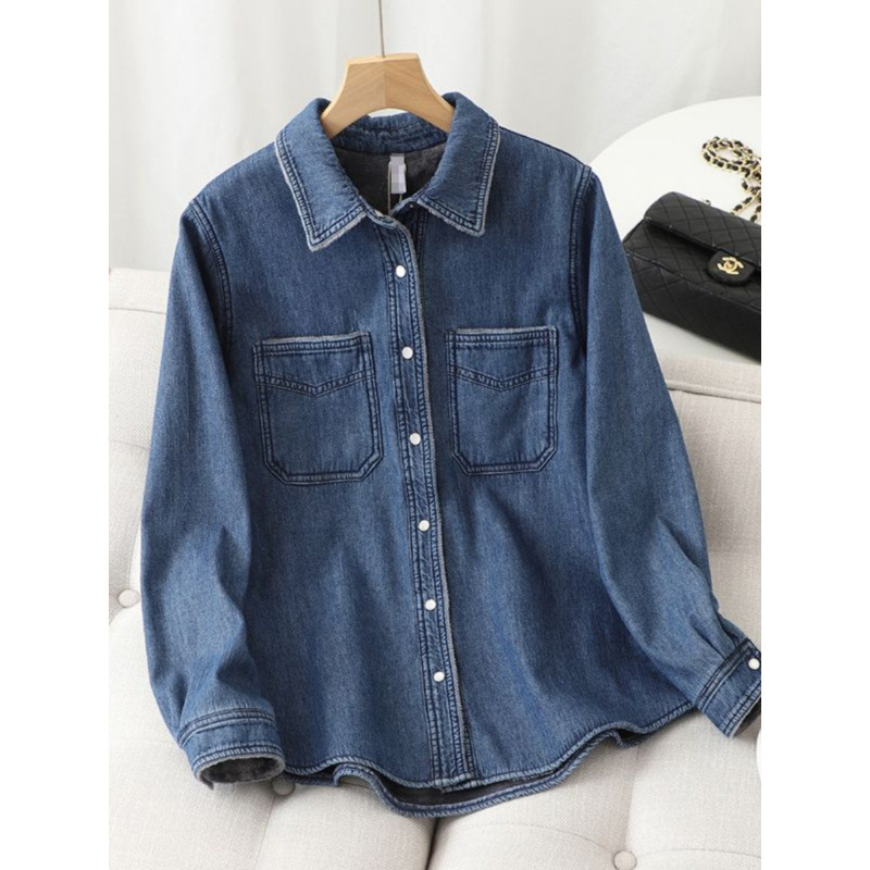 捡漏专柜剪标外贸韩版时尚保暖加绒牛仔衬衫外套休闲上衣