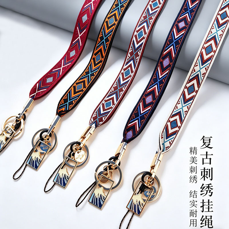 Mobile phone lanyard neck rope embroidered diamond Plaid lanyard retro Chinese ethnic style diy women's rope wholesale Mobile phone lanyard neck rope embroidered diamond Plaid lanyard retro Chinese ethnic style diy women's rope wholesale
