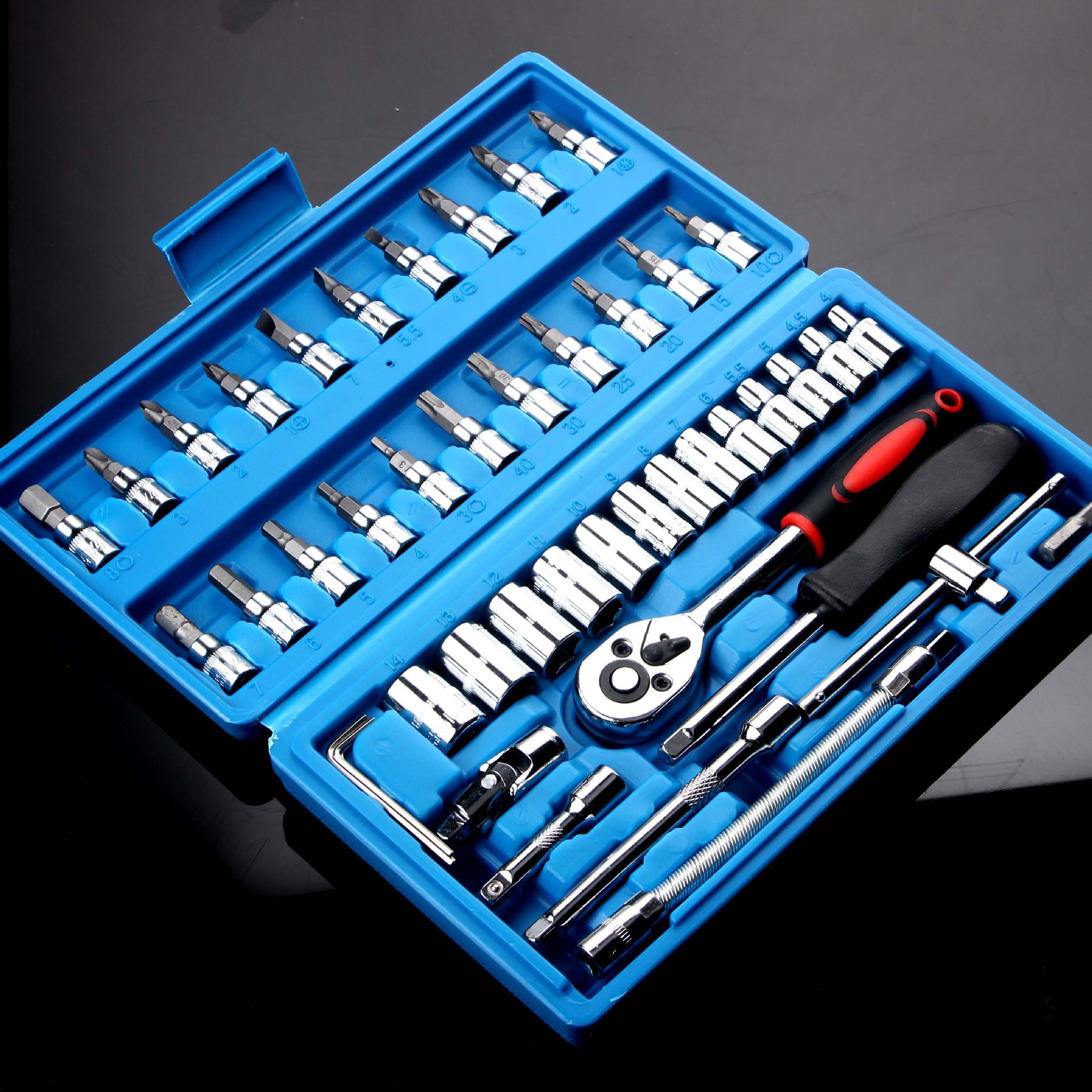 46件套蓝汽修工具套装组合摩托车修理厂家6.3mm 小飞棘轮扳手套装