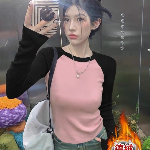 American sweet and spicy color-blocked crew neck T-shirt for women, suitable for spring and autumn, retro chic, unique top, long sleeve undershirt