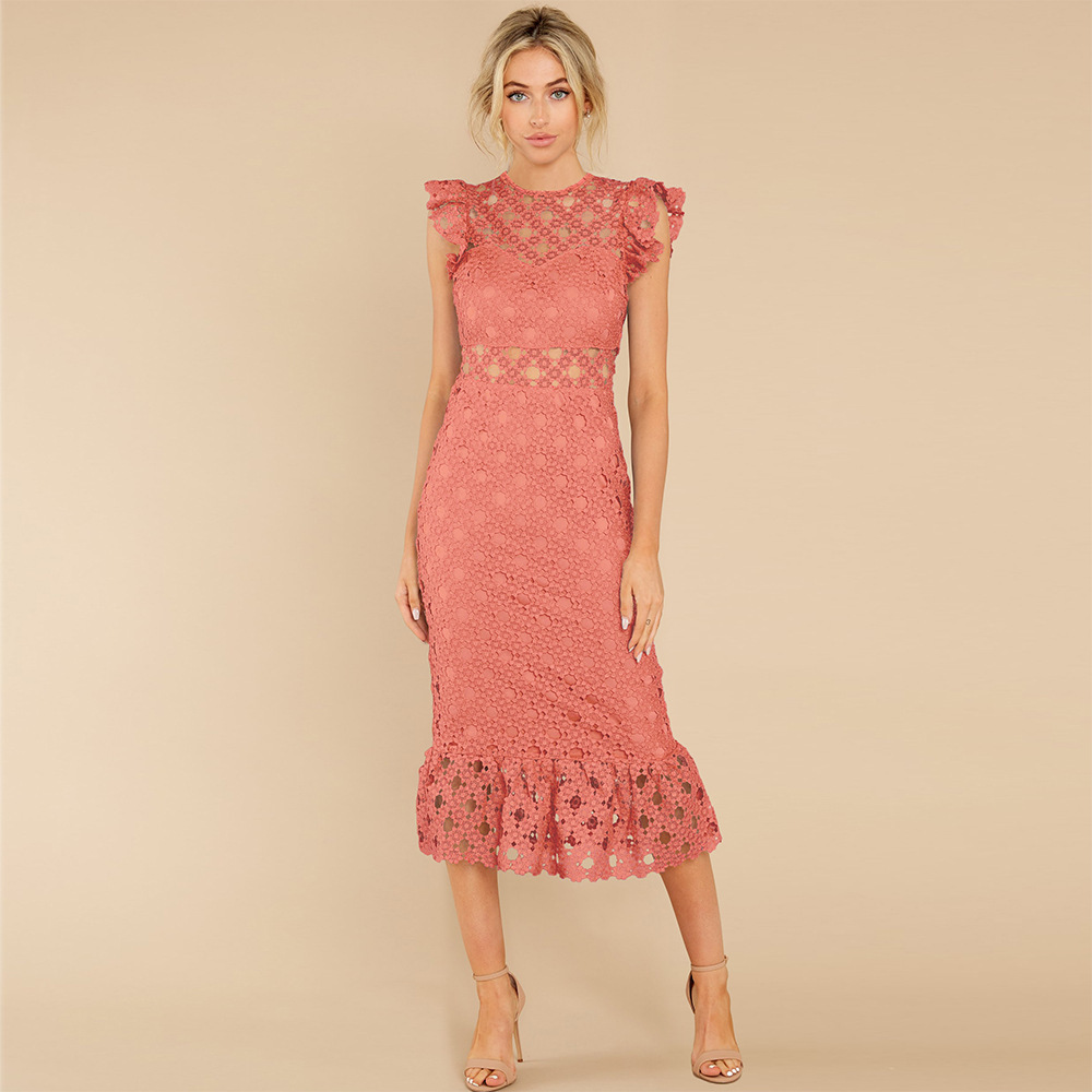 Regular Fit Fit Type Solid Color Pattern Summer Season Wholesale Women'S Fashion Lace Solid Color Holiday Street Round Neck Short Sleeve A-Line Skirt