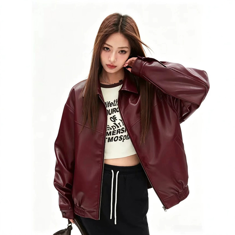 2026 Spring and Autumn New Large Size Women's Leather Jacket Red Jacket Spring Commuting Versatile Loose Women's Leather Jacket Coat