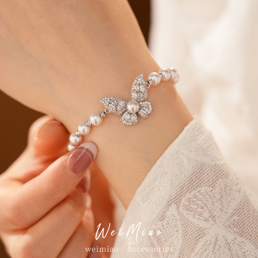 Pulsera de perlas de mariposa de piedra de diamante redonda lujosa pulsera de pulsera de alta calidad temperamento exquisito joyería de moda versátil