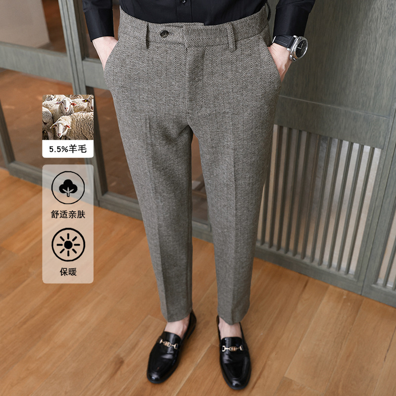 メンズダークストライプ保温スーツパンツ、スリムストレート、ドレープ感、カジュアルで万能、冬用ウール素材、高級ビジネスパンツ