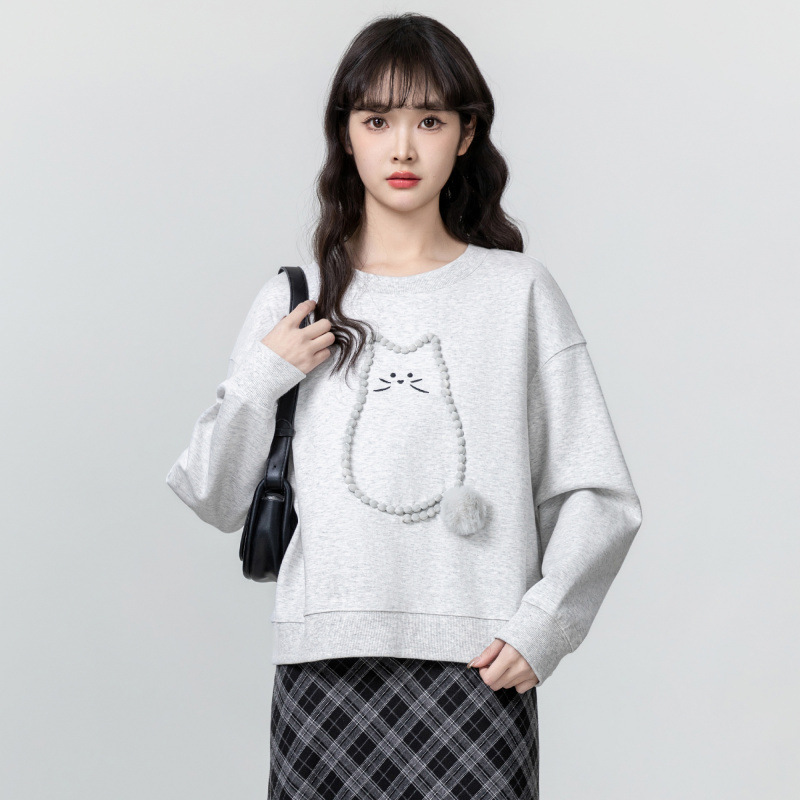 灰色圆领长袖卫衣女秋2025春秋新款韩版宽松卡通无帽套头薄款上衣|undefined