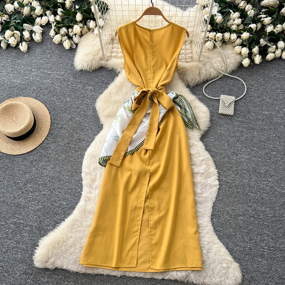 Elegant Sleeveless Round Neck Dress Style Summer Asymmetrical Long Dress With Scarf And Slit Sophisticated Tie Waist For Commuting_ecoleips.com