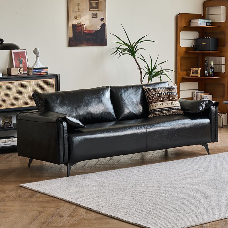 Black Sofa Small Apartment Living Room Modern Minimalist Apartment Bedroom Rental Room Retro Oil Wax Leather Art Double Sofa