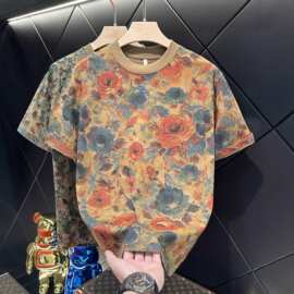 夏季高级感新款潮牌满印撞色玫瑰花圆领短袖T恤百搭潮流套头上衣