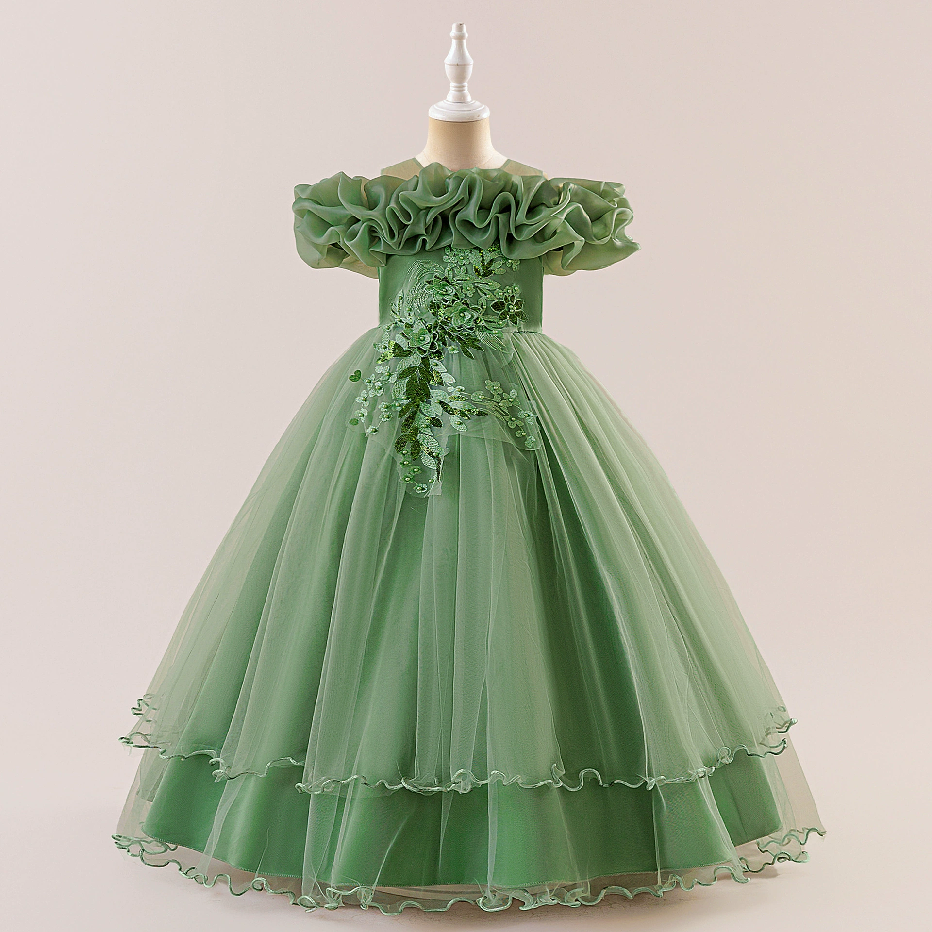 Европейские и американские платья для девочек новый детский бисер цветы на одно плечо свадебное платье принцессы маленькая девочка сценическое платье для вечеринки