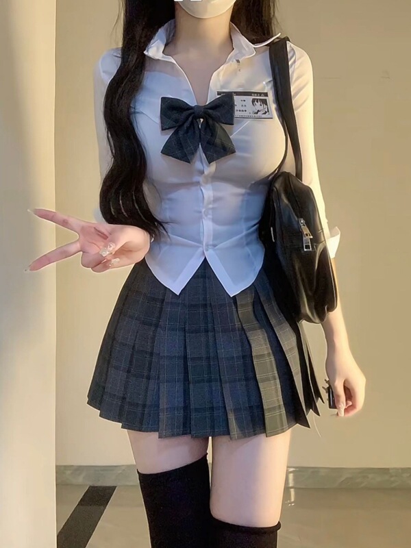jk制服纯欲辣妹收腰衬衫女春秋学院风白色衬衣修身显瘦打底上衣|undefined
