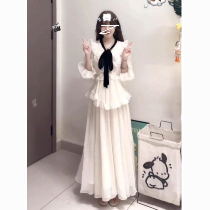 法式优雅气质长袖收腰荷叶边仙女连衣裙秋季新款高级感雪纺长裙子|undefined