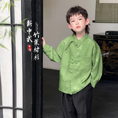 兒童新中式襯衫2024春新款中國風復古綠竹襯唐裝長袖襯衫涼感上衣