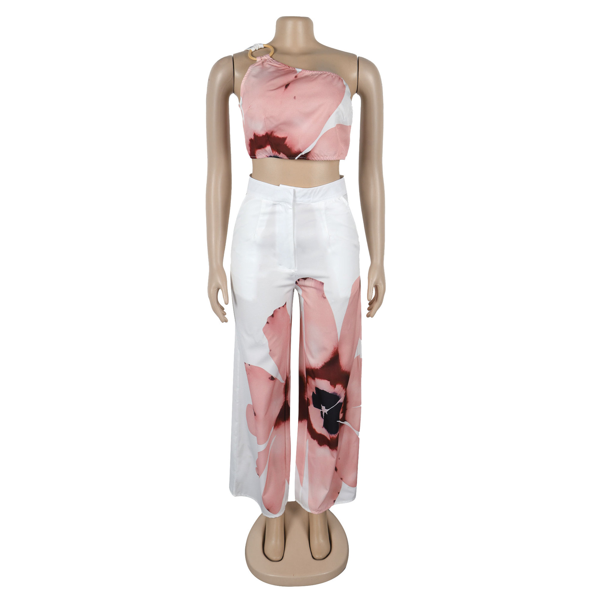 Ensemble deux pièces pantalon large coupe slim à une épaule imprimé pour femme_voghion.com