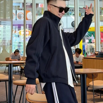 语乐同款美式撞色三条杠运动立领卫衣休闲舒适宽松长裤潮流感套装|undefined