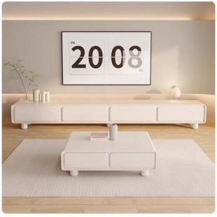 Rounded French Cream Style White Tv Cabinet Simple Modern Coffee Table Combination Living Room Home Small Apartment Minimalist Furniture