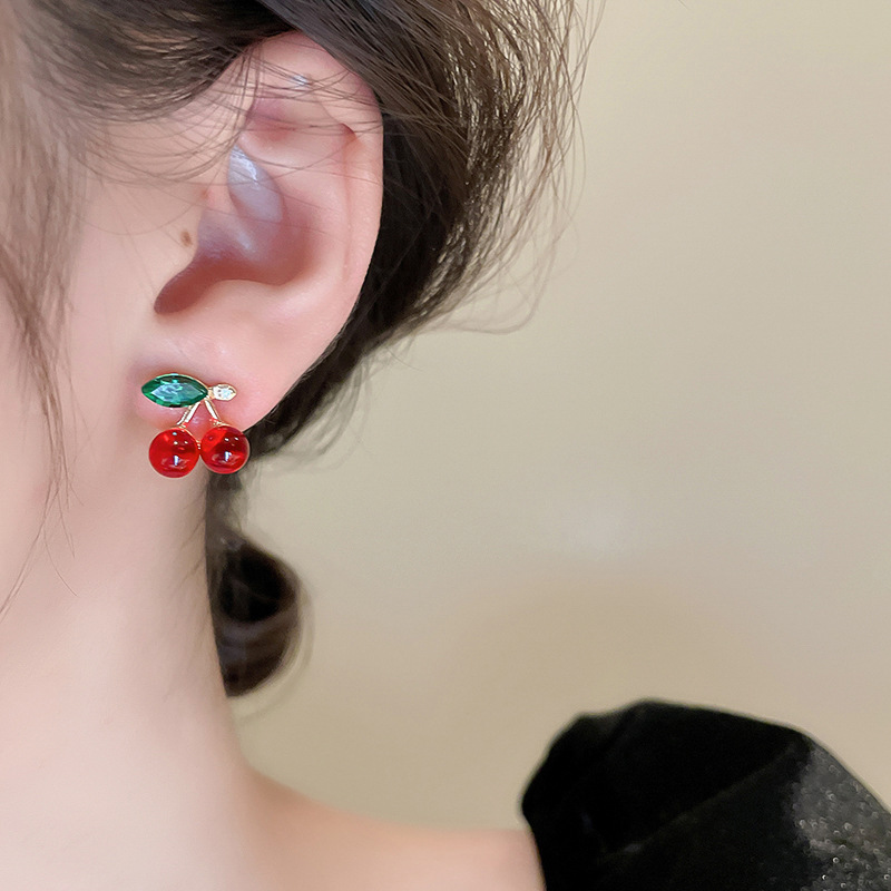 10g Weight 925 Sterling Silver Ear Needle Material Glass Inlay Material Ear Studs Classification 1 Pair Quantity Daily Occasion Alloy, Glass Material Cherry Pattern Women's Gender Cute, Sweet Style 1 Pair Cute Sweet Cherry Alloy Glass Glass Ear Studs 3