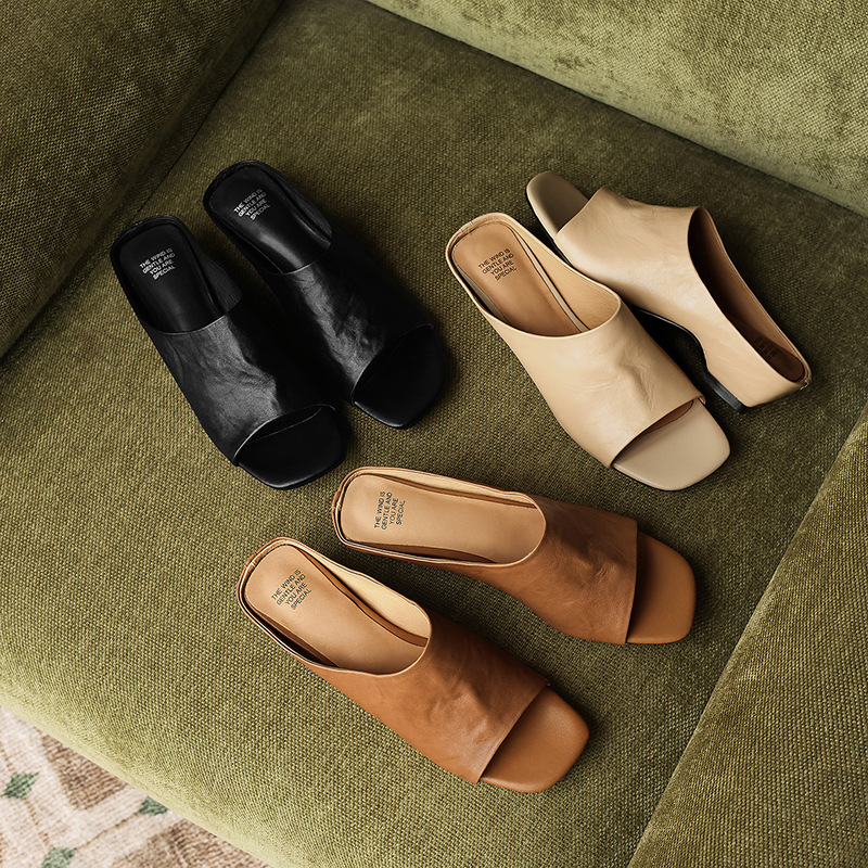 Sandal nữ da bò quai ngang gót thấp hở mũi phong cách Hàn Quốc — đen chi tiết 16