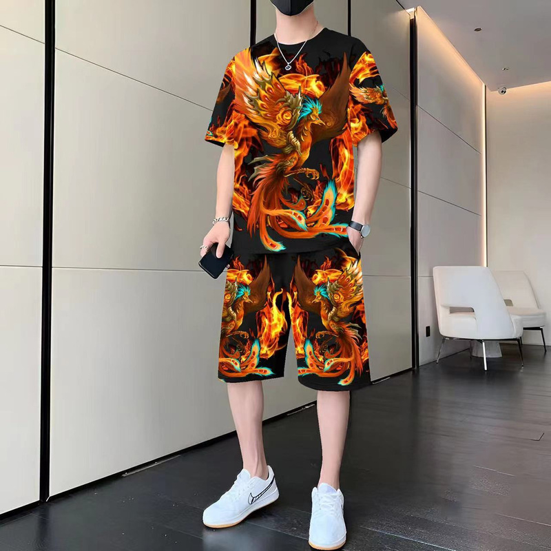 Casual Sports suit Men's Short-sleeved T-shirt Shorts Beach Wear Fashionable Youth Chinese Dragon Pattern Two-piece Set for Summer