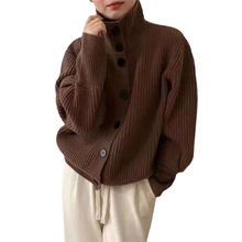 年慵懒风长袖纯色毛衣针织开衫单排扣简约高领外套女