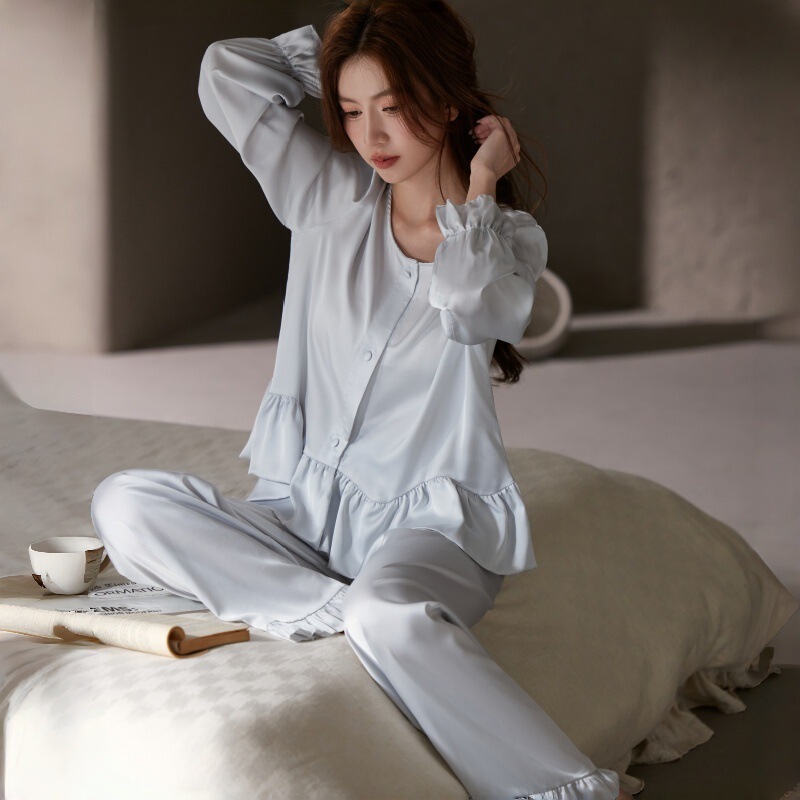 Women's Thin Sweet Spring and Summer Simple Loose Ice Silk Pajamas Long-Sleeved Long Pants Home Wear Cardigan Pajama Set
