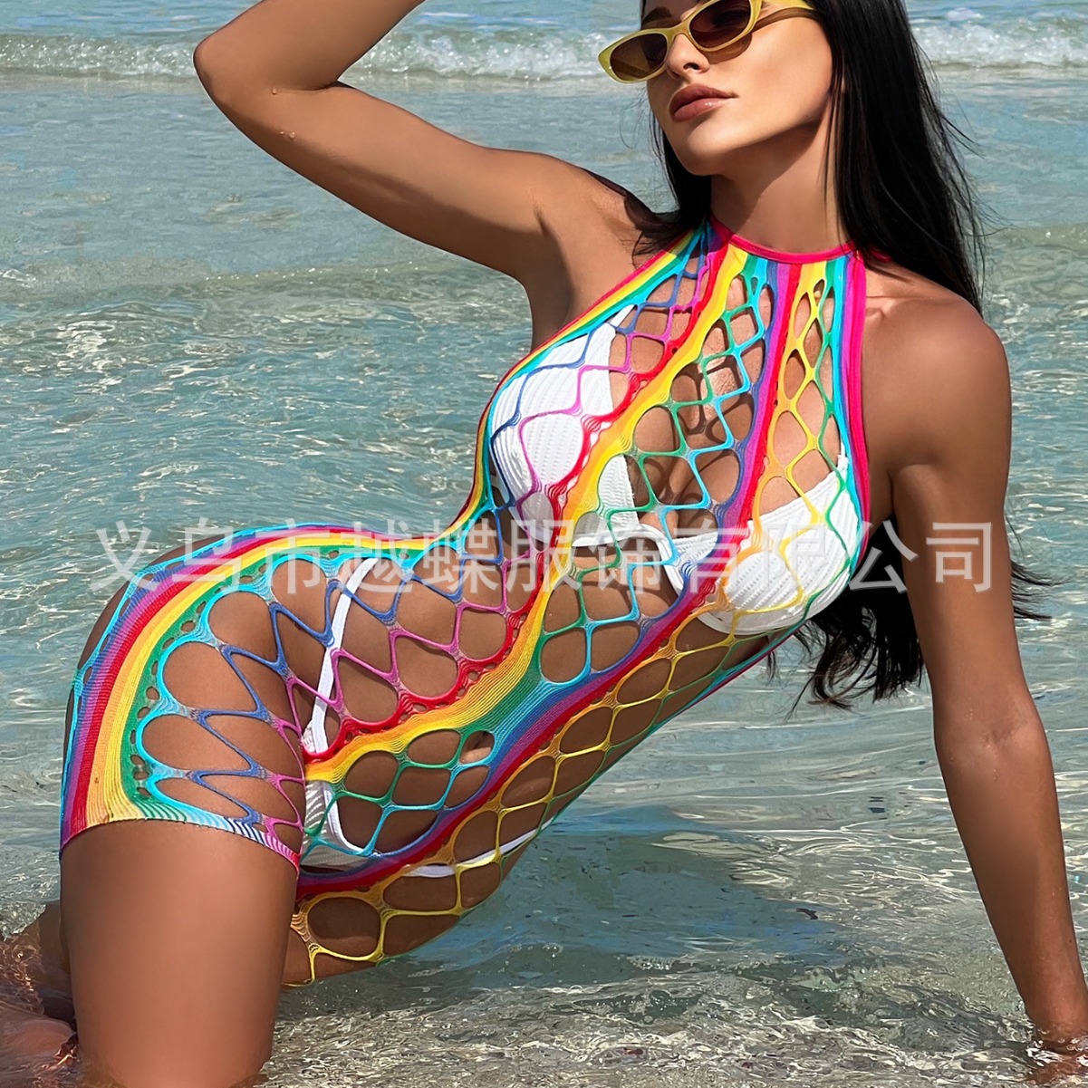 Nuevo trajes de baño elásticos transfronterizos, redes de pesca agujeradas, color apretado, arco iris yDC22 image 4