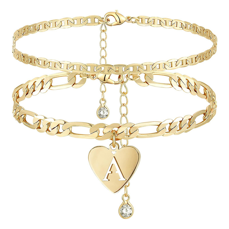 Cross-Border 26-Letter Heart Pendant Layered Adjustable Bracelet, Personalized Hip-Hop Niche Jewelry