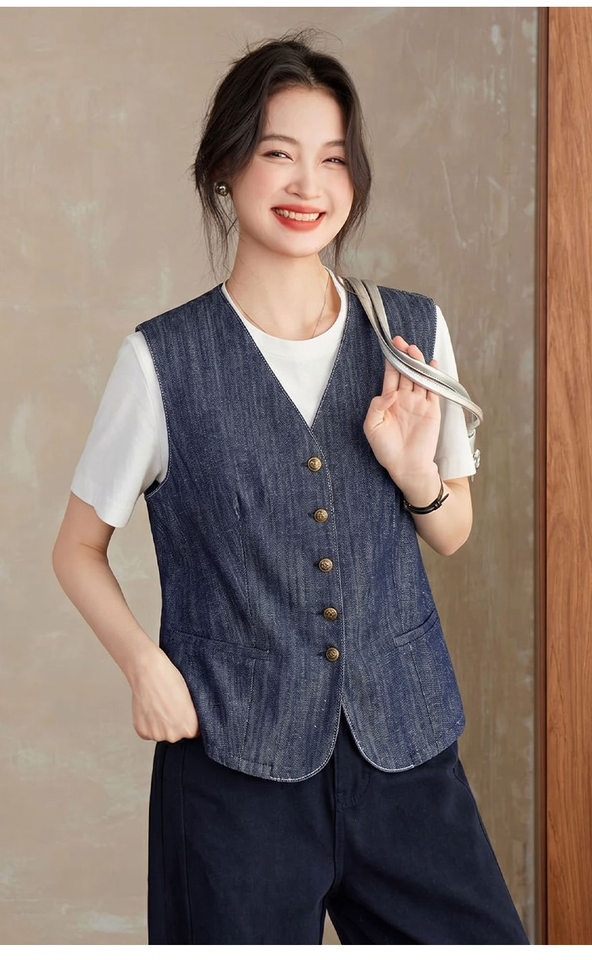 Áo vest denim nữ cổ chữ V phong cách retro, áo khoác mặc ngoài dáng suông dài 50–65 cm — Xanh cổ điển chi tiết 10