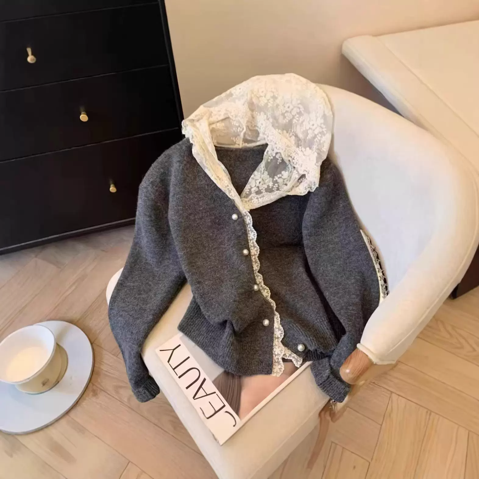 大码女装蕾丝连帽拼接针织开衫2026春秋洋气减龄百搭毛衣上衣