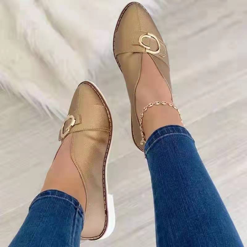 pointed toe shallow mouth metal buckle flat heel shoes NSCRX133217