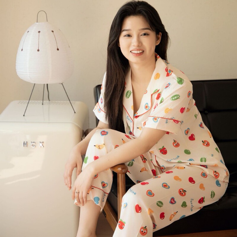 Korean Style High-End Short-Sleeved Ice Silk Pajamas for Women Summer New Fruit Print Large Size Cardigan Home Wear Set Wholesale