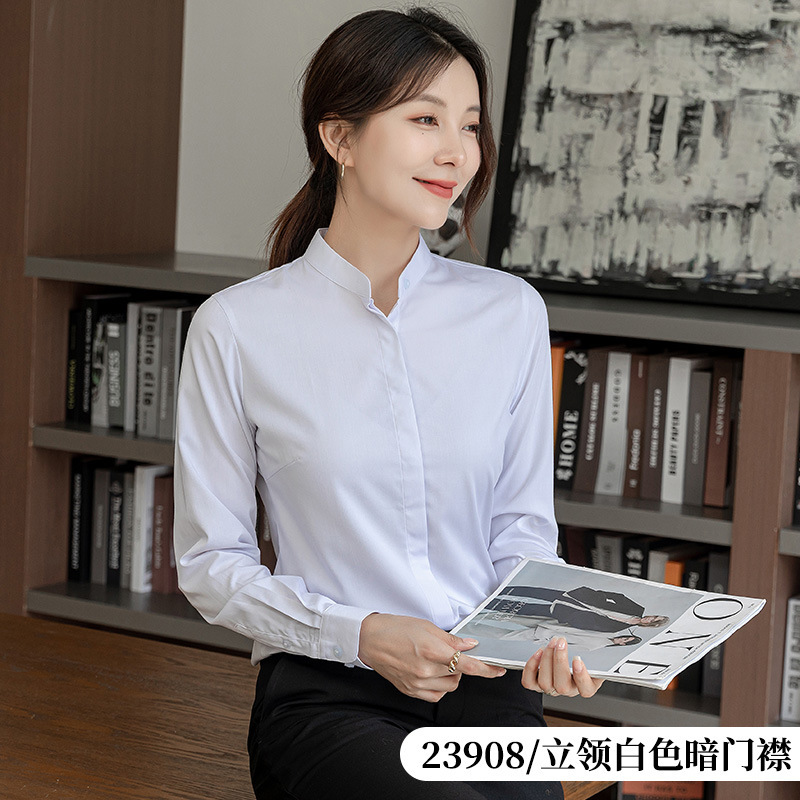 Women's stand collar dark placket pure white long-sleeved shirt 60 cotton business wear white collar business non-ironing formal shirt for women Women's stand collar dark placket pure white long-sleeved shirt 60 cotton business wear white collar business non-ironing formal shirt for women
