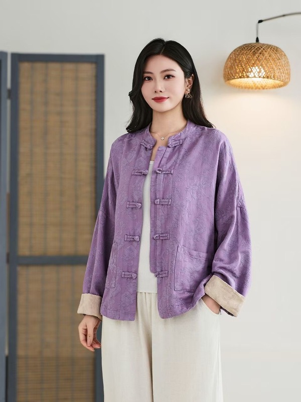 2025秋季新款立领复古盘扣暗纹提花大口袋新中式文艺范复古上衣女|undefined