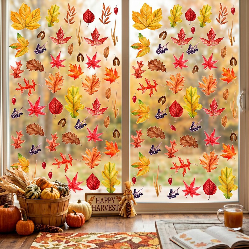 New Cross-Border Autumn Maple Leaf Electrostatic Glass Decoration Stickers for Bedroom, Living Room, Windows, and Floor-To-Ceiling Windows