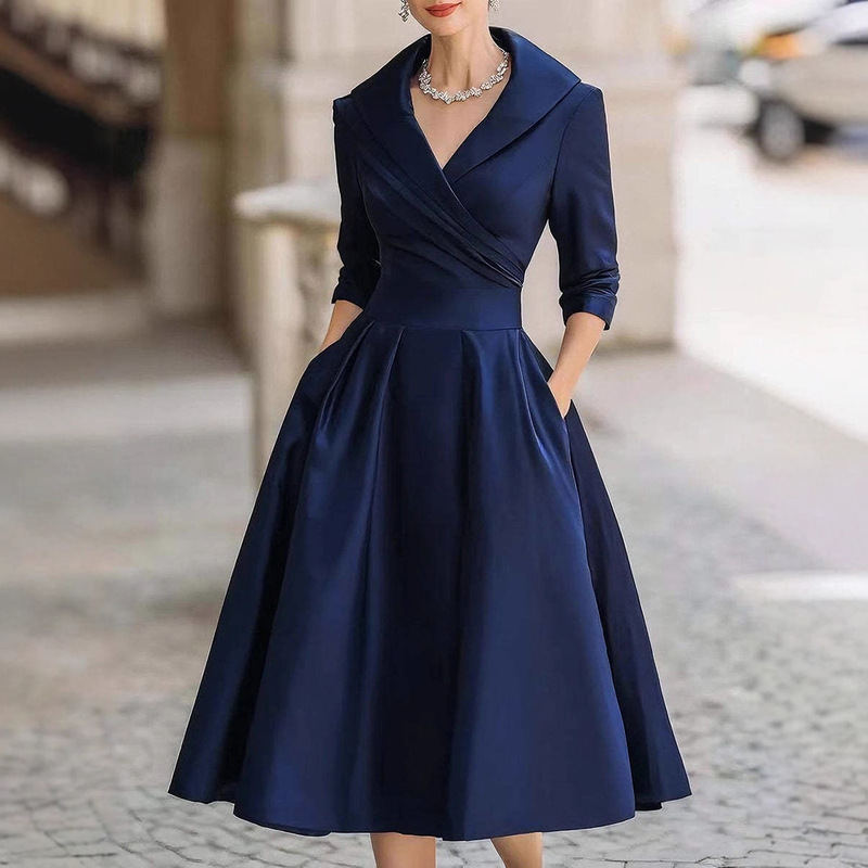 2025 European and American Fashion Amazon Independent Site Elegant Formal Waist Dress Slimming Elegant Long-Sleeved Dress