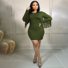 跨境非洲速卖通外贸女装时尚纯色性感紧身流苏拼接连背包臀连衣裙
