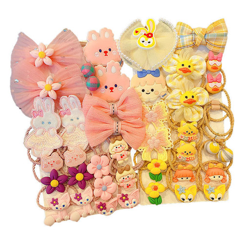 Children's elastic hair tie set, baby hair ribbon for girls, flower and bow hair accessories, non-irritating hair clips, cute hair bands for braiding ponytails