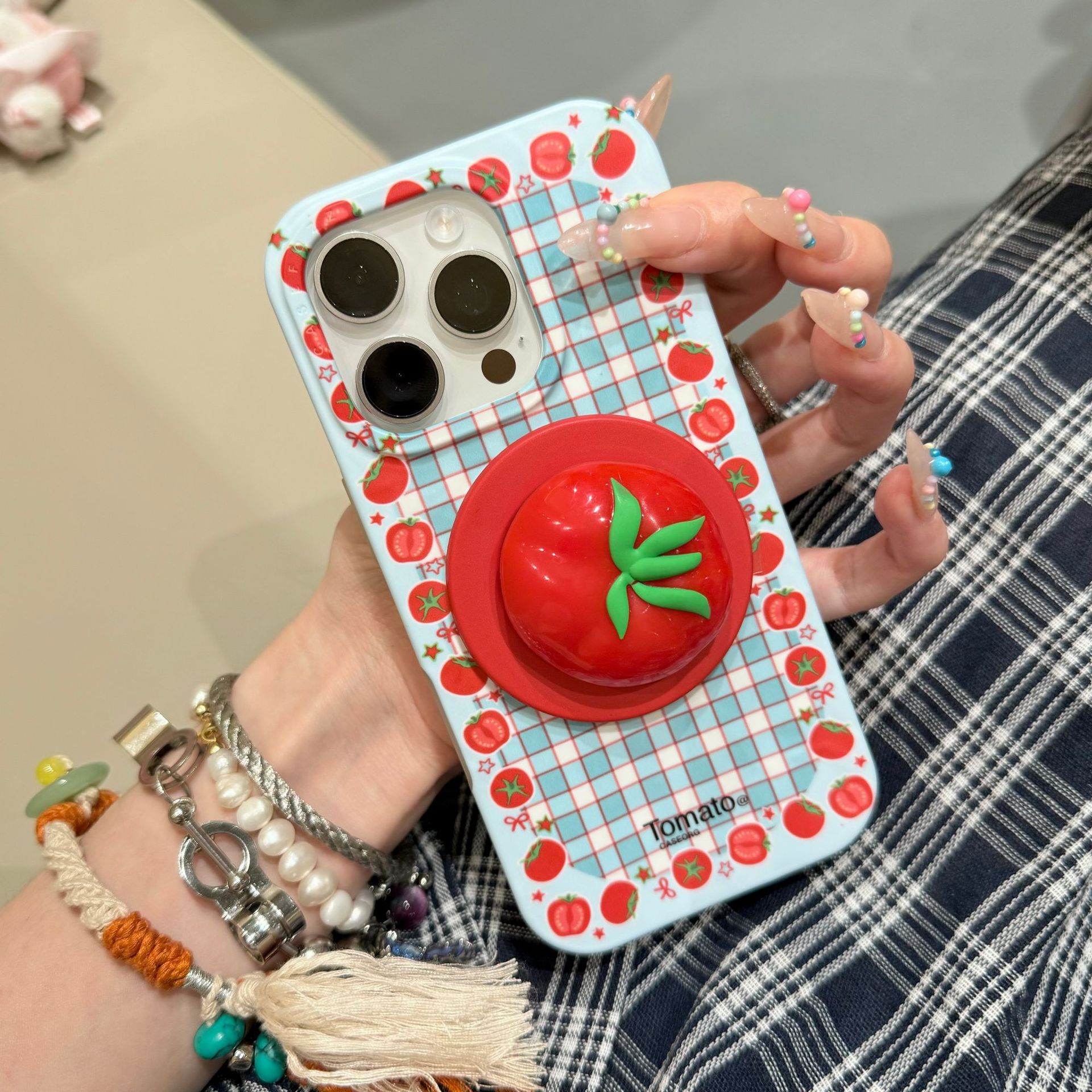 Lindo tomate fresco a cuadros azul y blanco para Apple 16ProMax funda para teléfono móvil 15Pro magnético 14/13 hembra