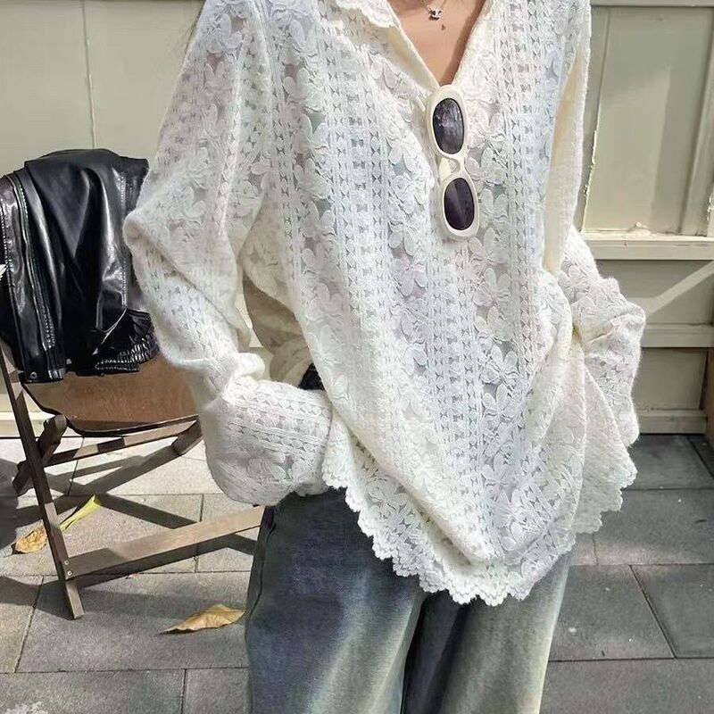 Spring New Style Hooded Lace Hollow-Out Mid-Length Base Shirt, Elegant Crochet Knit Top, Long-Sleeve New Loose-Fitting Top Spring New Style Hooded Lace Hollow-Out Mid-Length Base Shirt, Elegant Crochet Knit Top, Long-Sleeve New Loose-Fitting Top