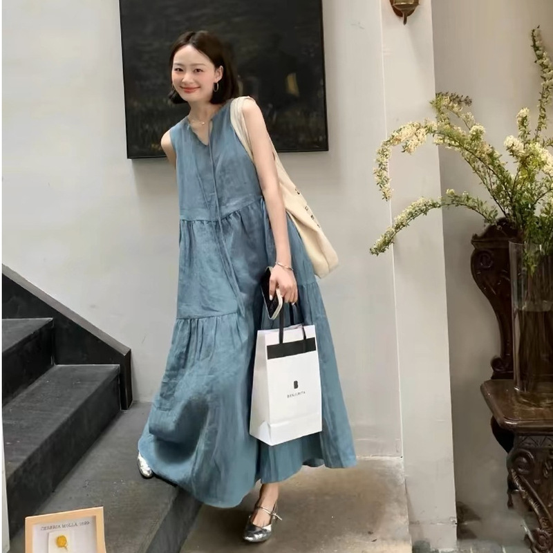 Korean Chic Summer Niche Elegant Round Neck Sleeveless Backless Lace-Up Casual Loose Imitation Denim Vest Dress Korean Chic Summer Niche Elegant Round Neck Sleeveless Backless Lace-Up Casual Loose Imitation Denim Vest Dress