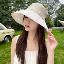 大檐遮阳帽女夏季新款珍珠网纱气质彩胶渔夫帽女士防紫外线防晒帽