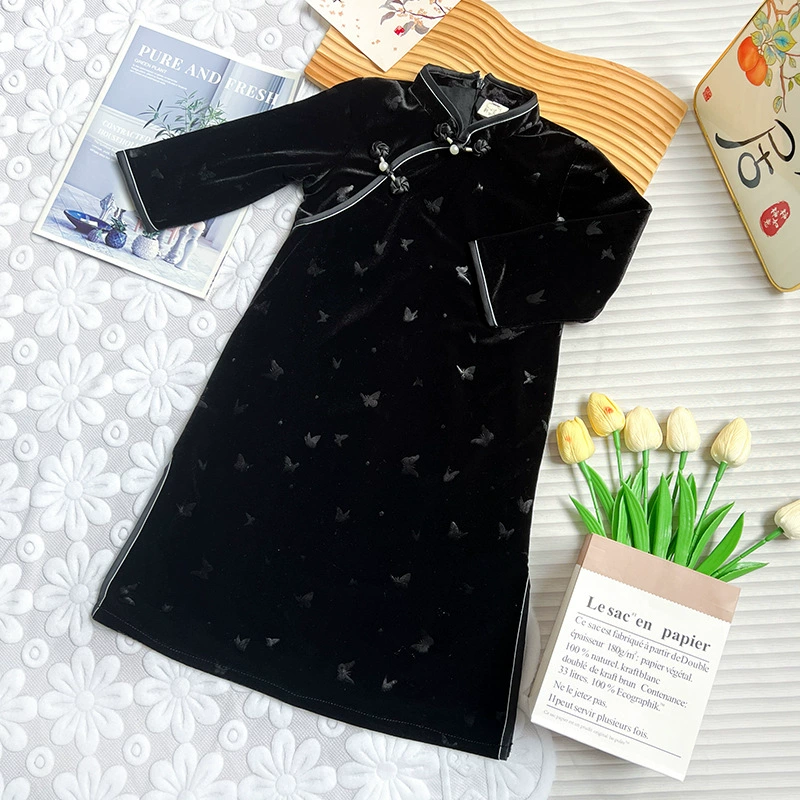 Velvet dress, skirt, long-sleeve, retro black children's cheongsam, autumn, Chinese style