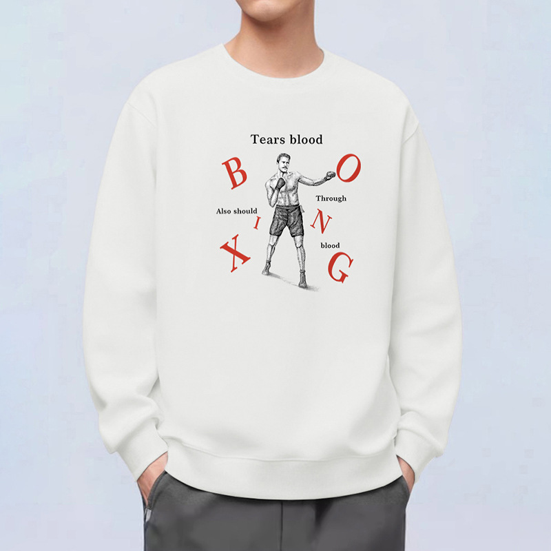 320g Heavy White Sweat Men's Spring and Autumn fleece-lined Warm Hoodless Top Boxing Printed Crewneck Long Sleeve T-Shirt