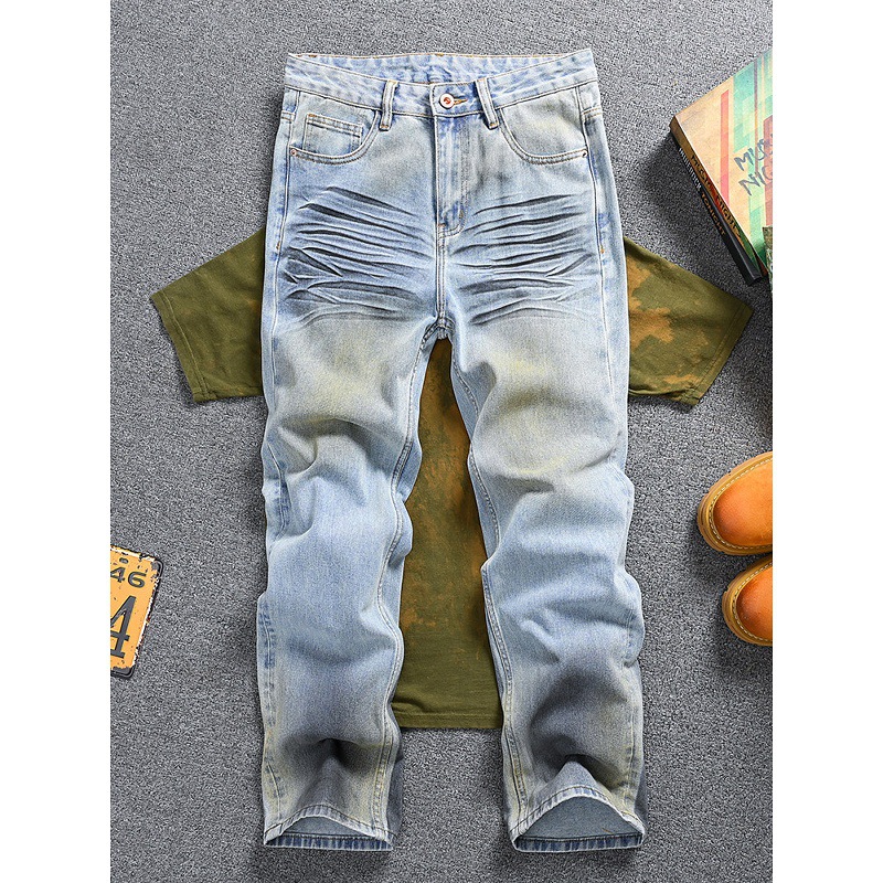 Men's Vintage Washed Jeans - Relaxed Straight-Leg High Street Denim Pants With Wave Crease Design, Light Blue_mkmklike.com