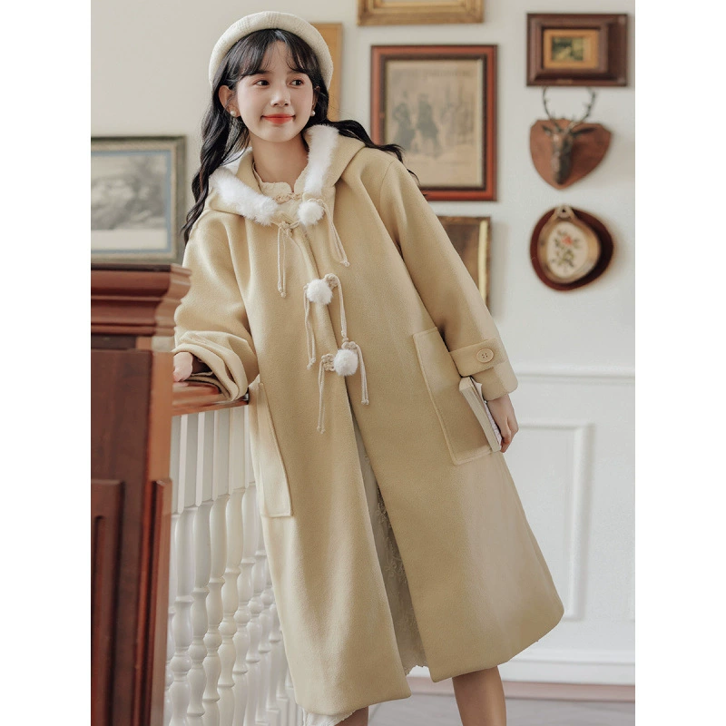 Winter cute yellow colored quilted woolen coat with hood, jacket, increased thickness