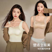 缎面网纱宽肩美背内衣女固定杯免穿文胸透气舒适修身长款女士背心