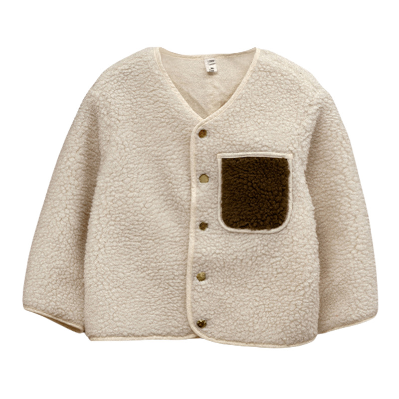 25 봄과 가을 새로운 양고기 울 재킷 디자인 크루 넥 싱글 브레스트 아동복 재킷 소년 소녀  긴 소매 카디건