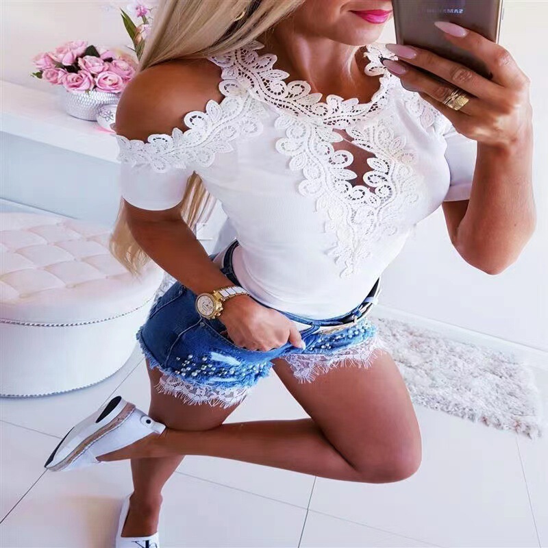 Aliexpress eBay2022 European and American ExporT New Lace ShorT-sleeved Round Neck Women's T-shirT