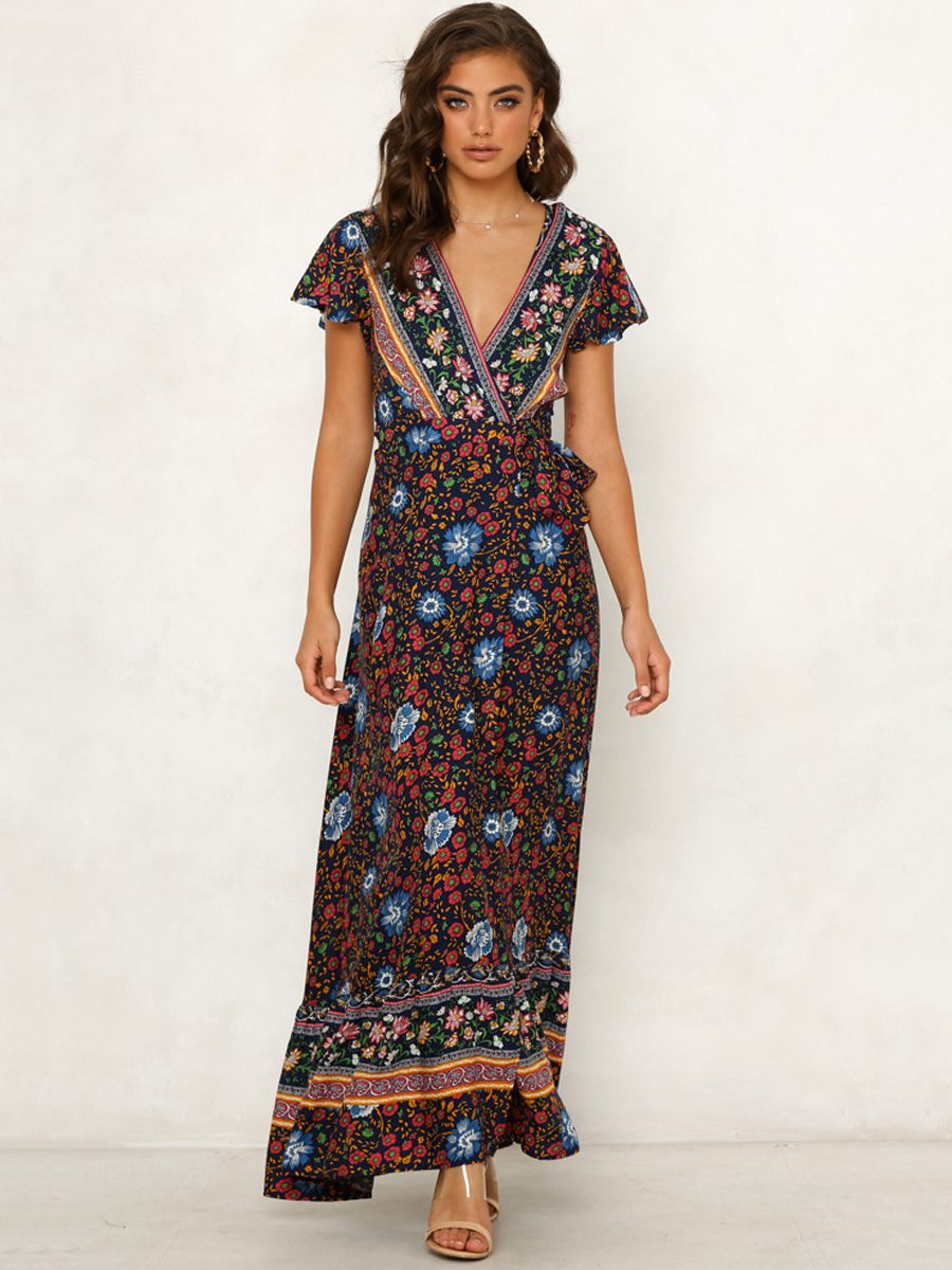 Summer Best-selling Women's Clothing, Wish Hot-selling Bohemian Printed , Short-sleeved Beach Vacation Long_ecoleips.com